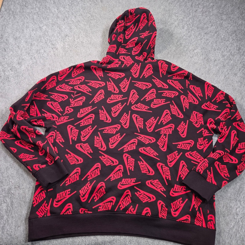 Nike Sportswear Club Hoodie Mens XL Black Red All Over Print Fleece Pullover - Picture 4 of 9